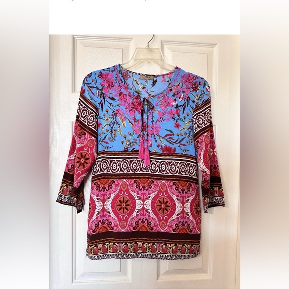 Anthropologie Aziza Embroidered Tassel Floral Blouse 3/4 Sleeve Tunic Top XL - Picture 2 of 7
